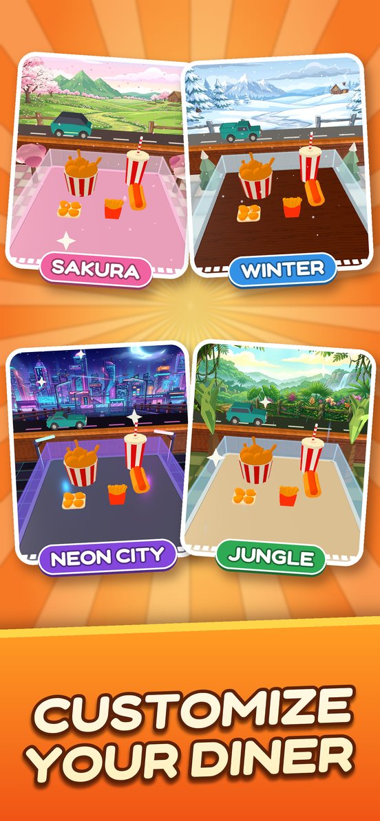 Four diner themes: Sakura, Winter, Neon City and Jungle