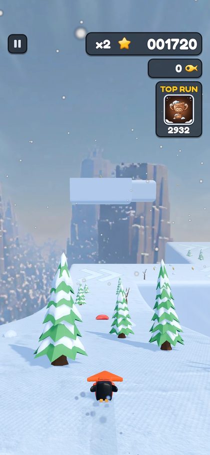 Penguin gliding between snowy fir trees